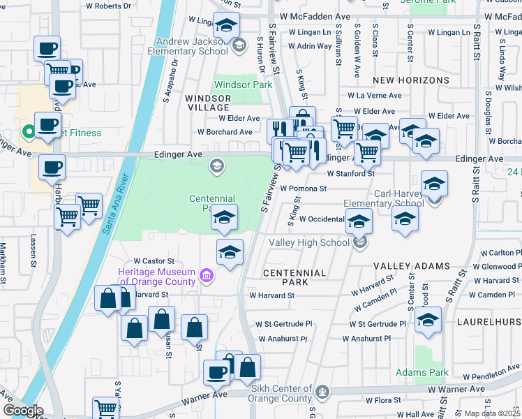 map of restaurants, bars, coffee shops, grocery stores, and more near in Santa Ana