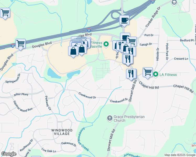 map of restaurants, bars, coffee shops, grocery stores, and more near 1115 Lockhart Way in Douglasville