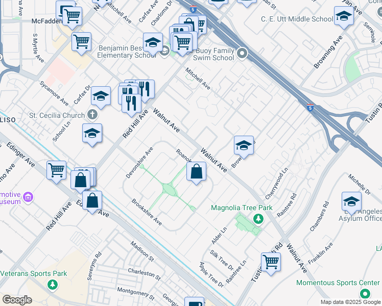 map of restaurants, bars, coffee shops, grocery stores, and more near 1772 Amherst Road in Tustin
