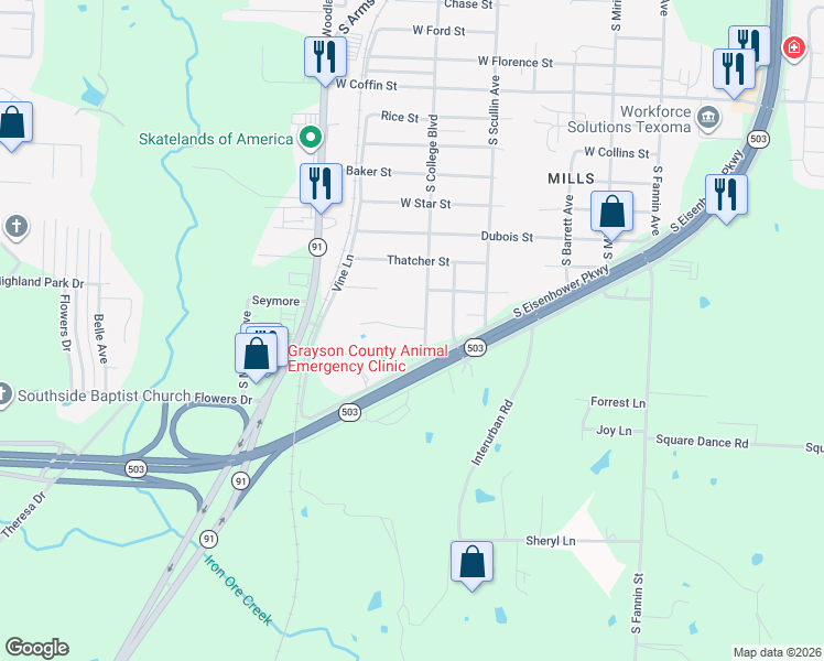 map of restaurants, bars, coffee shops, grocery stores, and more near 3103 South College Boulevard in Denison