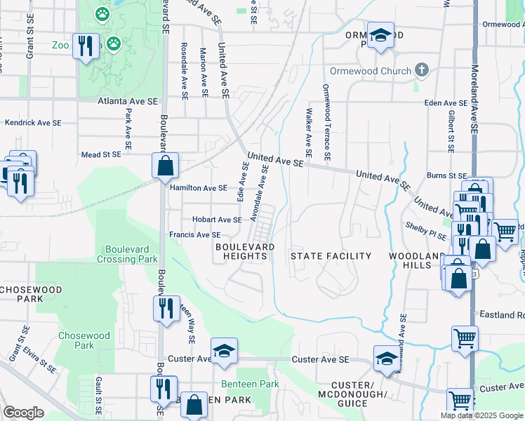 map of restaurants, bars, coffee shops, grocery stores, and more near 720 Perch Place in Atlanta