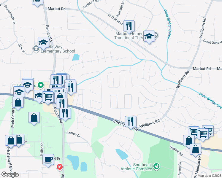 map of restaurants, bars, coffee shops, grocery stores, and more near 5449 Wellborn Creek Drive in Lithonia