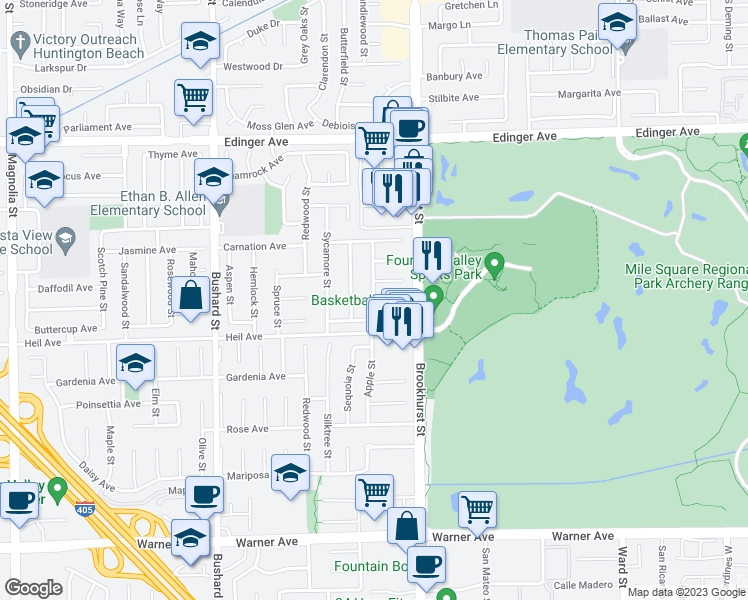 map of restaurants, bars, coffee shops, grocery stores, and more near 6319 Dahlia Circle in Fountain Valley