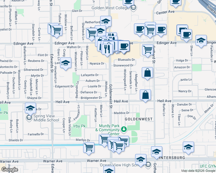 map of restaurants, bars, coffee shops, grocery stores, and more near 16362 Whittier Lane in Huntington Beach