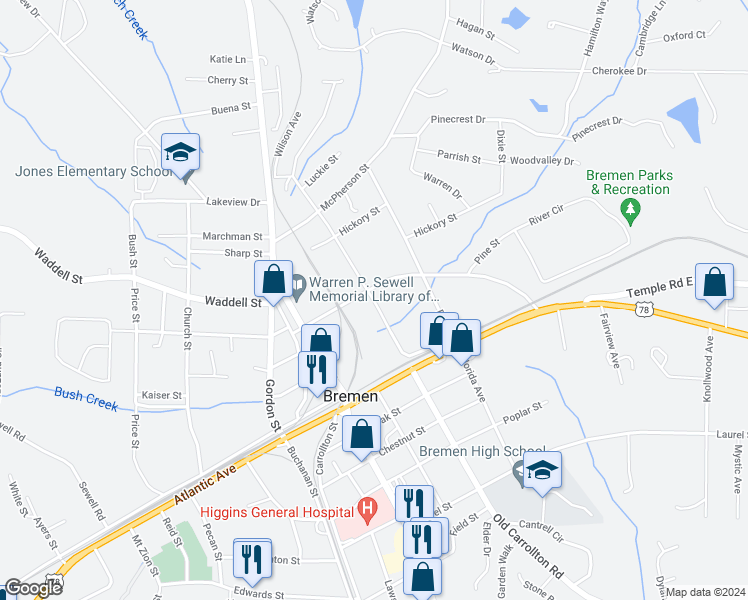 map of restaurants, bars, coffee shops, grocery stores, and more near 241 North Georgia Avenue in Bremen