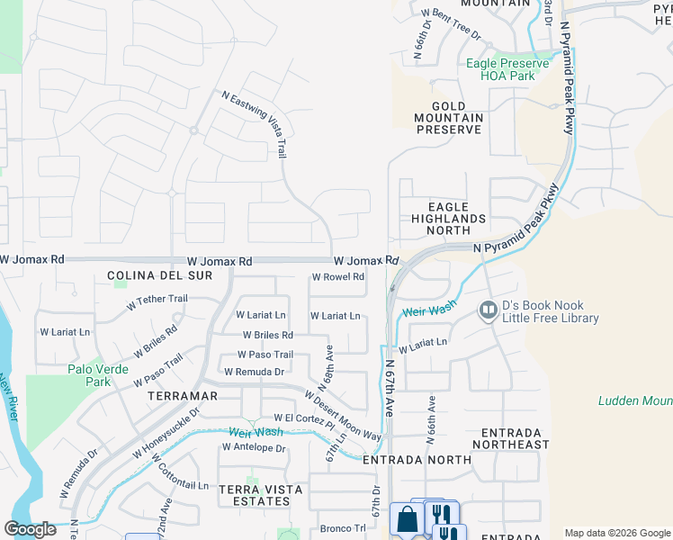 map of restaurants, bars, coffee shops, grocery stores, and more near 6790 West Rowel Road in Peoria