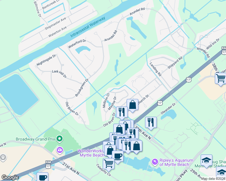 map of restaurants, bars, coffee shops, grocery stores, and more near 2946 Midiron Court in Myrtle Beach
