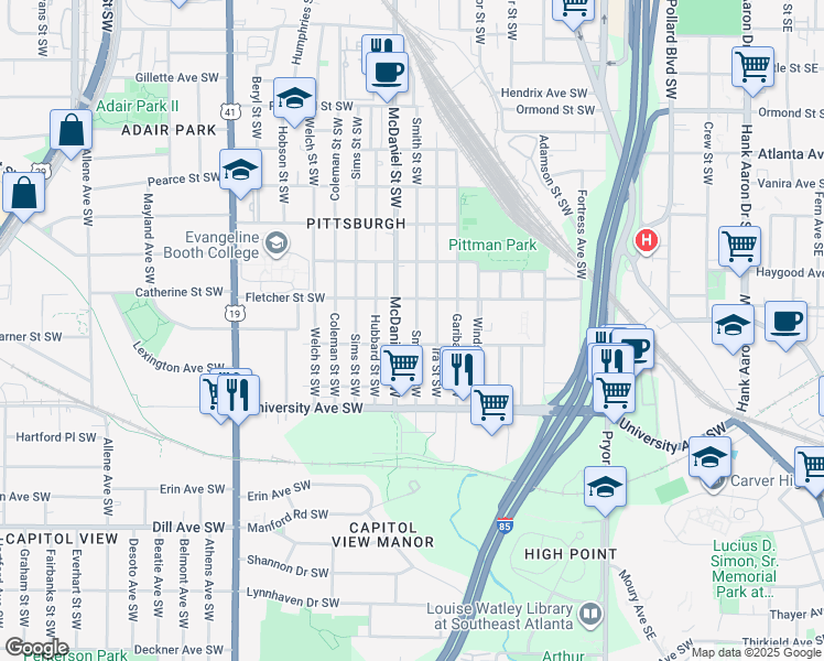 map of restaurants, bars, coffee shops, grocery stores, and more near 1116 Smith Street Southwest in Atlanta