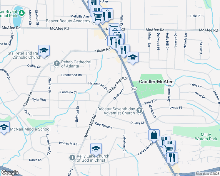 map of restaurants, bars, coffee shops, grocery stores, and more near 2127 Whites Mill Road in Decatur