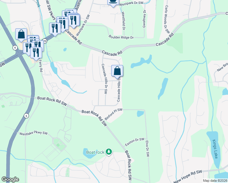 map of restaurants, bars, coffee shops, grocery stores, and more near 5065 Cascade Hills Circle Southwest in Atlanta