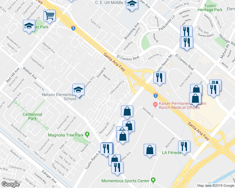 map of restaurants, bars, coffee shops, grocery stores, and more near 2242 Tamarac Lane in Tustin