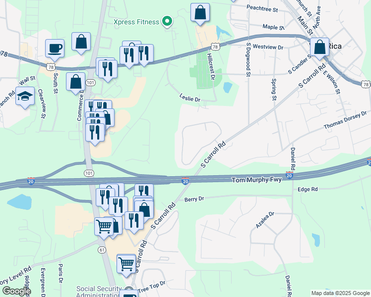 map of restaurants, bars, coffee shops, grocery stores, and more near 236 Berkley Drive in Villa Rica