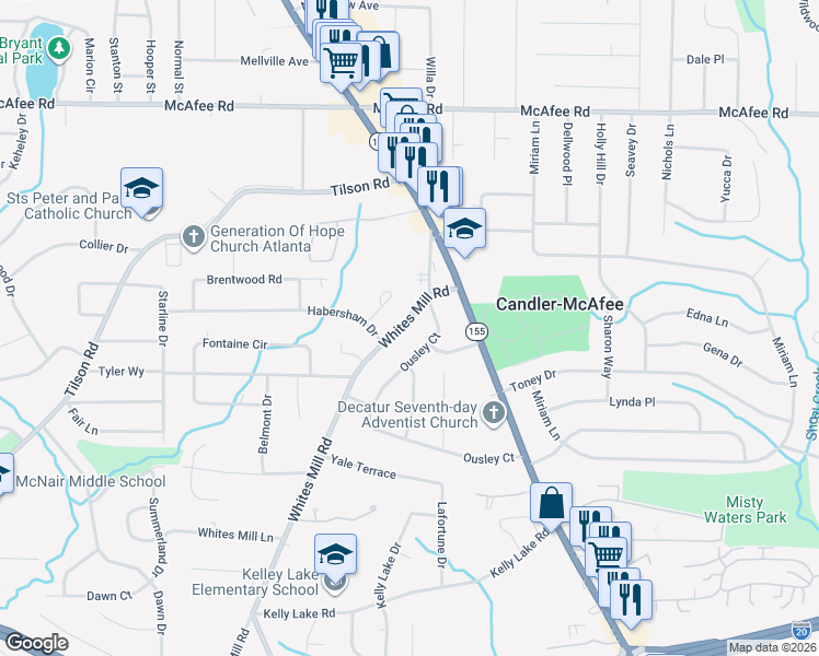 map of restaurants, bars, coffee shops, grocery stores, and more near 2112 Whites Mill Road in Decatur
