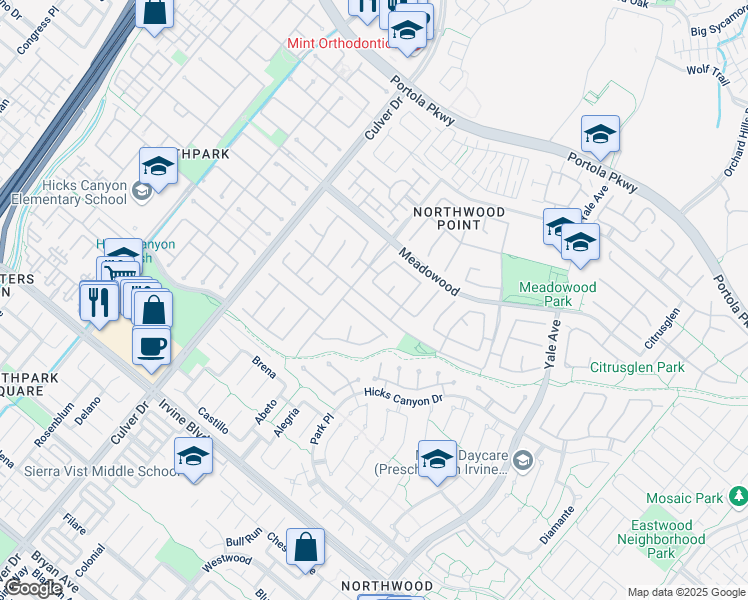 map of restaurants, bars, coffee shops, grocery stores, and more near 41 Trailwood in Irvine