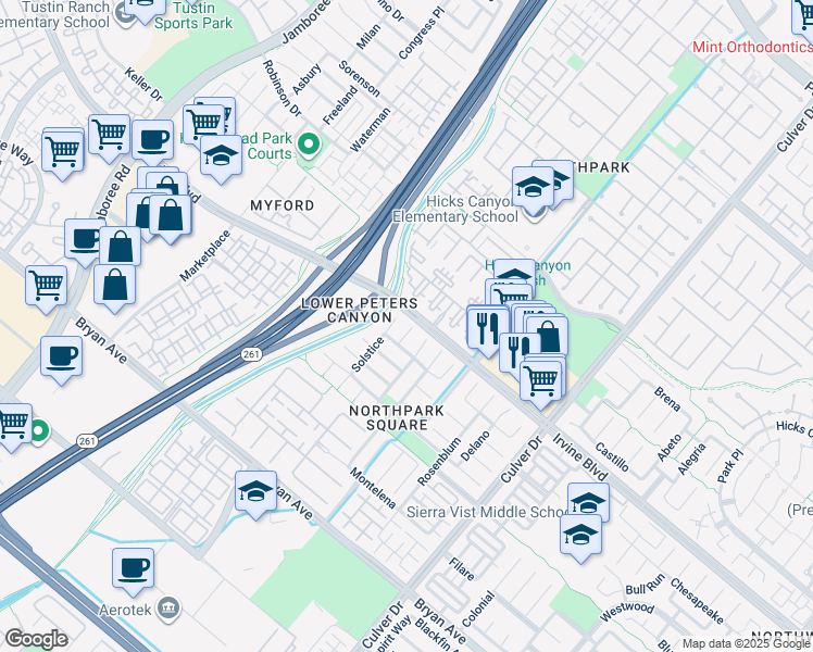map of restaurants, bars, coffee shops, grocery stores, and more near 12 Solstice in Irvine