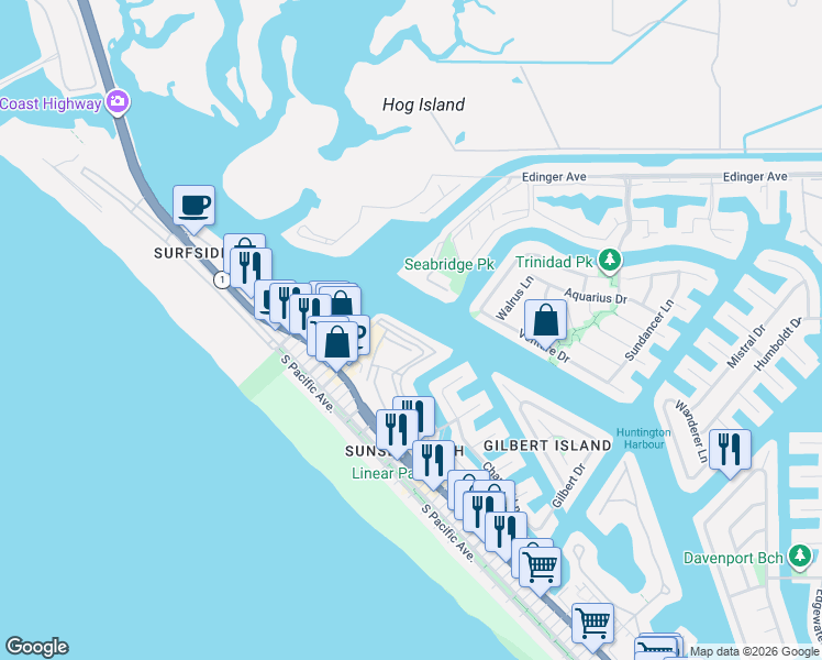 map of restaurants, bars, coffee shops, grocery stores, and more near 3195 Anne Circle in Huntington Beach