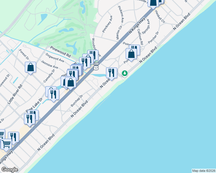 map of restaurants, bars, coffee shops, grocery stores, and more near 5308 North Ocean Boulevard in Myrtle Beach