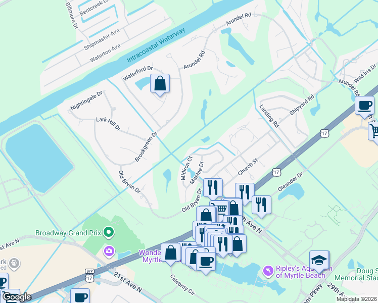 map of restaurants, bars, coffee shops, grocery stores, and more near 2956 Midiron Court in Myrtle Beach