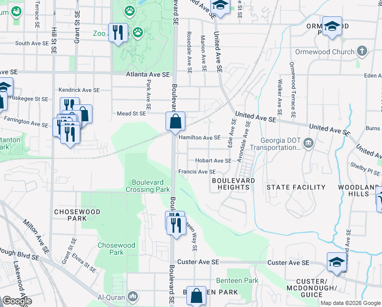 map of restaurants, bars, coffee shops, grocery stores, and more near 1107 Benteen Avenue Southeast in Atlanta