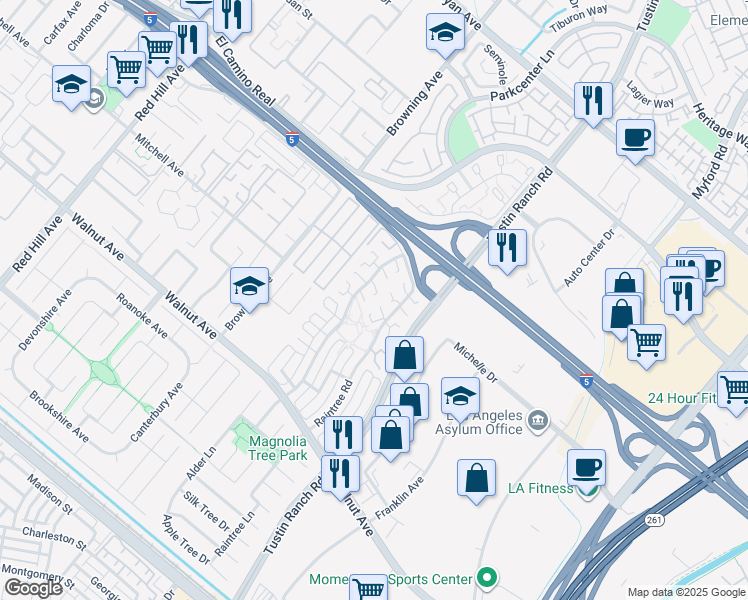 map of restaurants, bars, coffee shops, grocery stores, and more near 2242 Tamarac Lane in Tustin