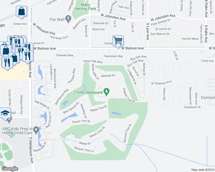 map of restaurants, bars, coffee shops, grocery stores, and more near 1337 Hickory Drive in Hemet