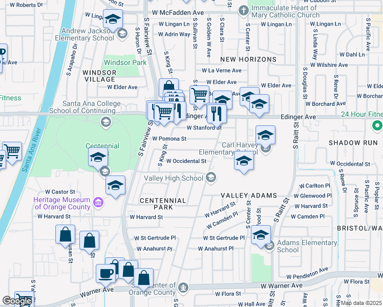 map of restaurants, bars, coffee shops, grocery stores, and more near 2510 W California St in Santa Ana