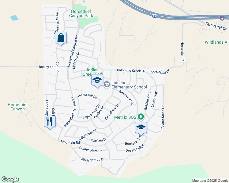 map of restaurants, bars, coffee shops, grocery stores, and more near 13569 Basswood Drive in Corona