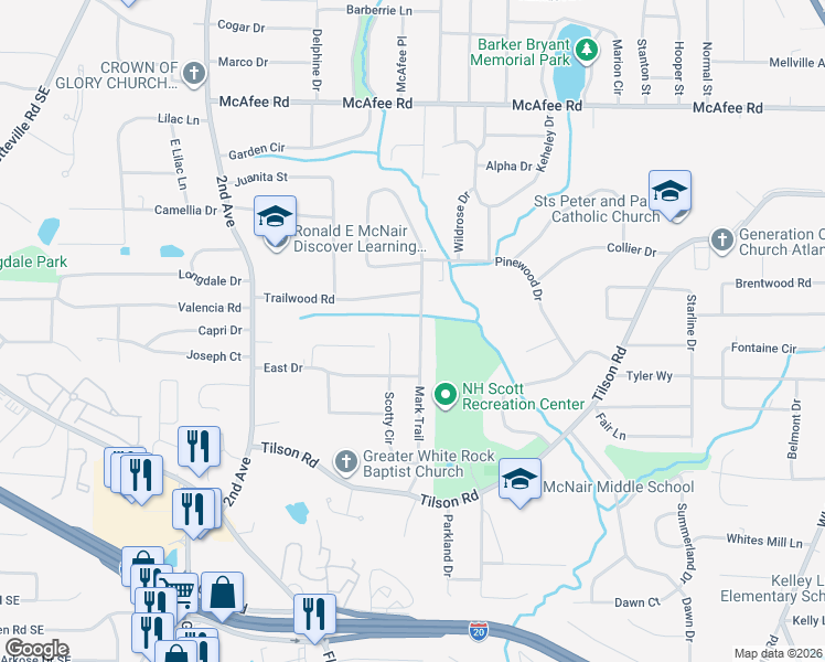 map of restaurants, bars, coffee shops, grocery stores, and more near 2225 Mark Trail in Decatur