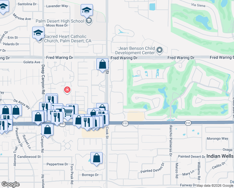 map of restaurants, bars, coffee shops, grocery stores, and more near 75065 Inverness Drive in Indian Wells