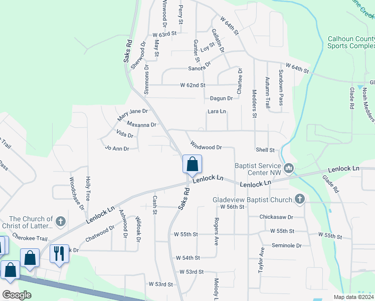 map of restaurants, bars, coffee shops, grocery stores, and more near 716 Windwood Drive in Anniston