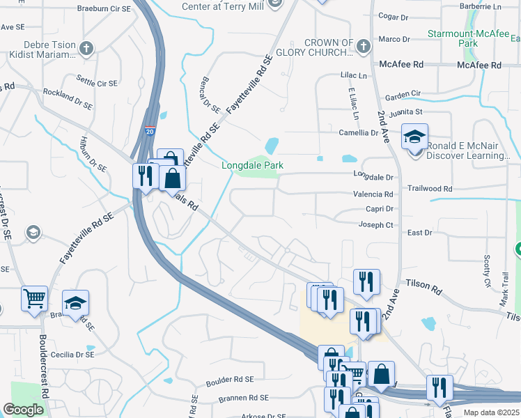 map of restaurants, bars, coffee shops, grocery stores, and more near 1691 Valencia Road in Decatur
