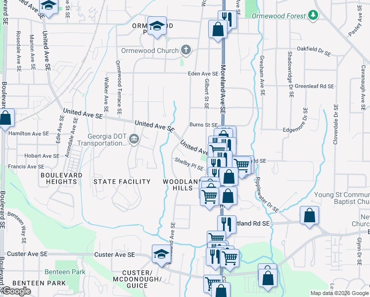 map of restaurants, bars, coffee shops, grocery stores, and more near 1075 East Confederate Avenue Southeast in Atlanta
