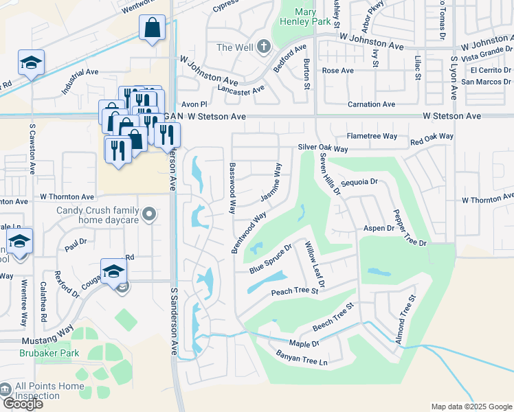 map of restaurants, bars, coffee shops, grocery stores, and more near 1354 Jasmine Way in Hemet