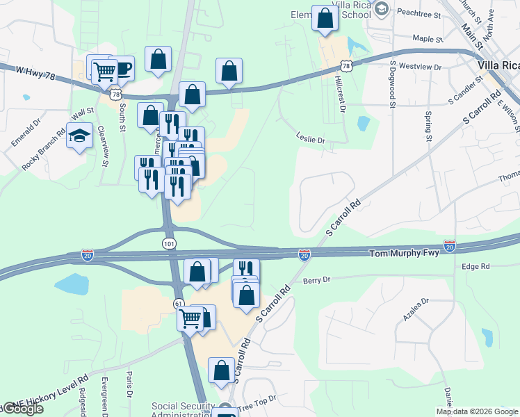 map of restaurants, bars, coffee shops, grocery stores, and more near 143 Lawrence Drive in Villa Rica