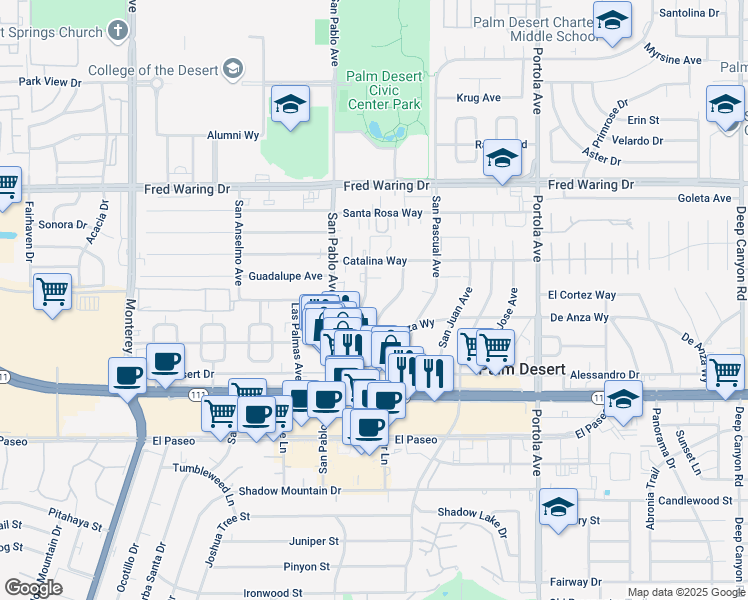 map of restaurants, bars, coffee shops, grocery stores, and more near 44525 San Carlos Avenue in Palm Desert