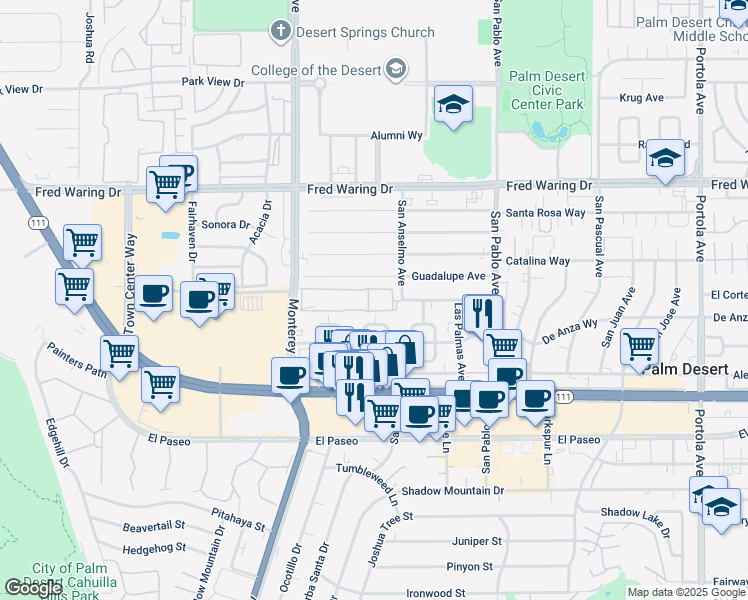 map of restaurants, bars, coffee shops, grocery stores, and more near 44610 Monterey Avenue in Palm Desert