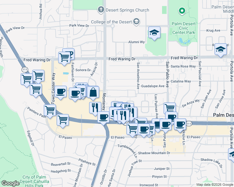 map of restaurants, bars, coffee shops, grocery stores, and more near 44-600 Monterey Avenue in Palm Desert