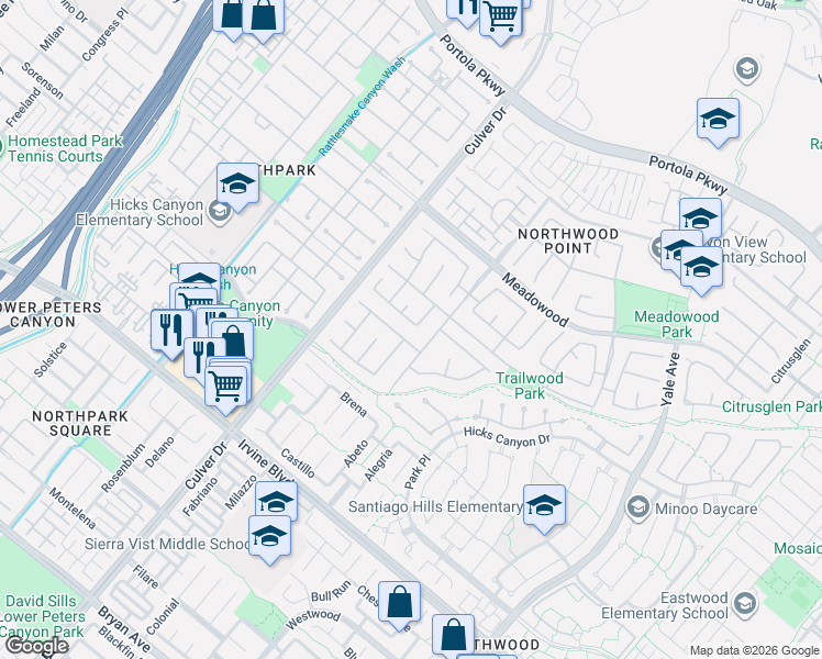 map of restaurants, bars, coffee shops, grocery stores, and more near 11 Canyonwood in Irvine