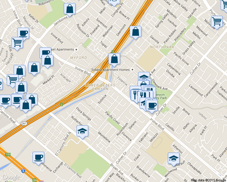 map of restaurants, bars, coffee shops, grocery stores, and more near 12 Solstice in Irvine