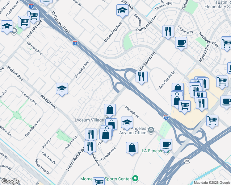 map of restaurants, bars, coffee shops, grocery stores, and more near 2325 Fuschia Lane in Tustin