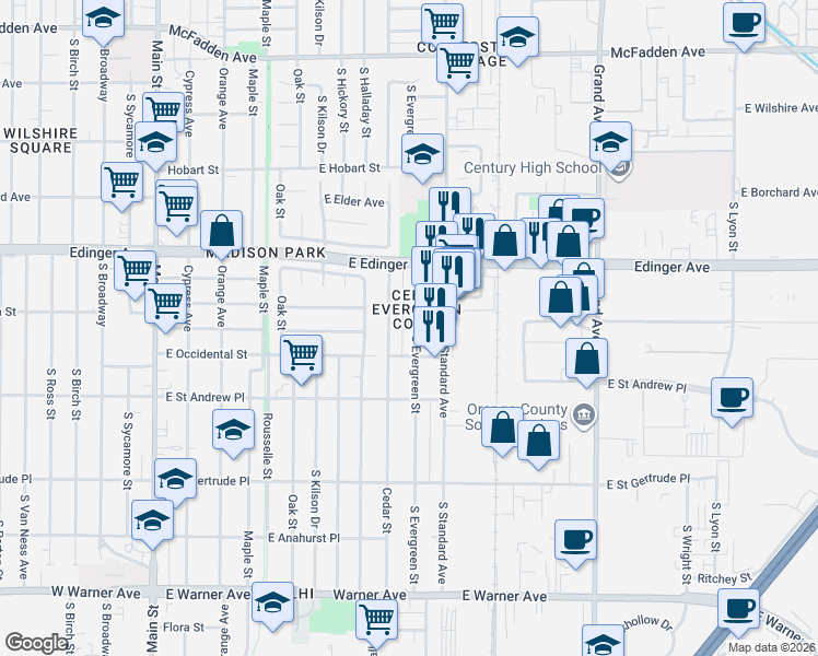 map of restaurants, bars, coffee shops, grocery stores, and more near 1806 Evergreen Street in Santa Ana
