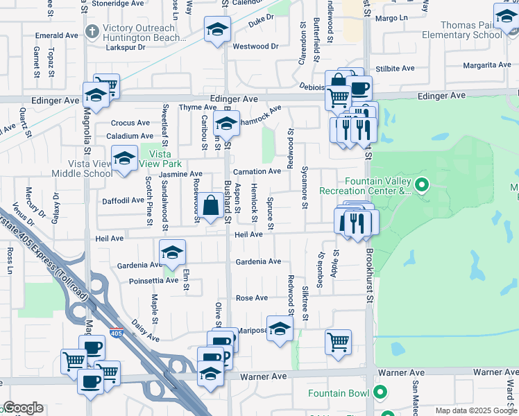 map of restaurants, bars, coffee shops, grocery stores, and more near 16430 Hemlock Street in Fountain Valley