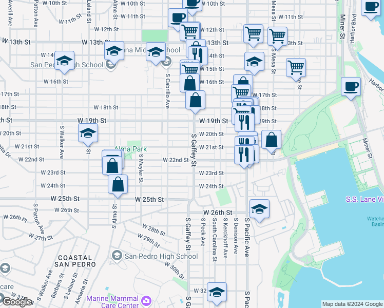 map of restaurants, bars, coffee shops, grocery stores, and more near 726 West 22nd Street in Los Angeles