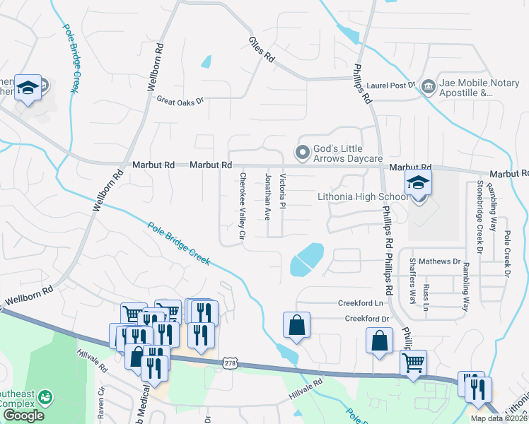 map of restaurants, bars, coffee shops, grocery stores, and more near 6109 Michael Road in Lithonia