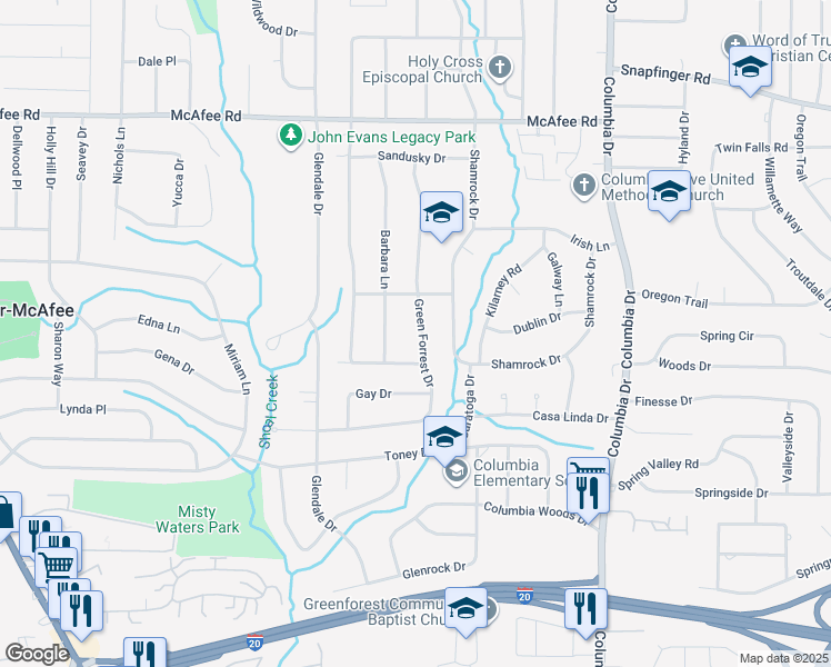 map of restaurants, bars, coffee shops, grocery stores, and more near 2217 Green Forrest Drive in Decatur