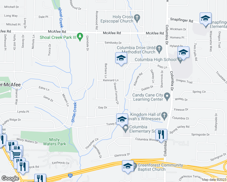 map of restaurants, bars, coffee shops, grocery stores, and more near 2211 Green Forrest Drive in Decatur