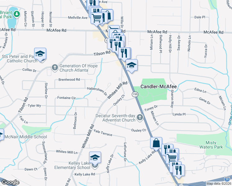 map of restaurants, bars, coffee shops, grocery stores, and more near 2112 Whites Mill Road in Decatur