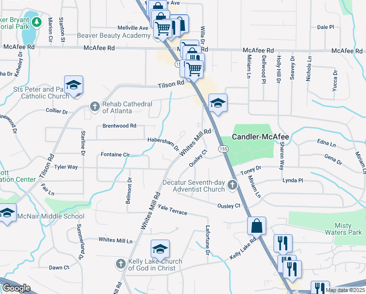 map of restaurants, bars, coffee shops, grocery stores, and more near 2127 Whites Mill Road in Decatur