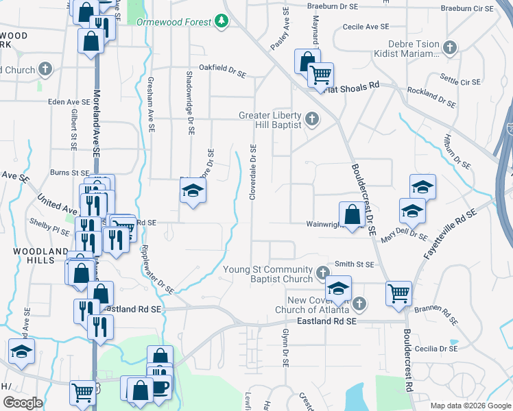map of restaurants, bars, coffee shops, grocery stores, and more near 2248 Cloverdale Drive Southeast in Atlanta