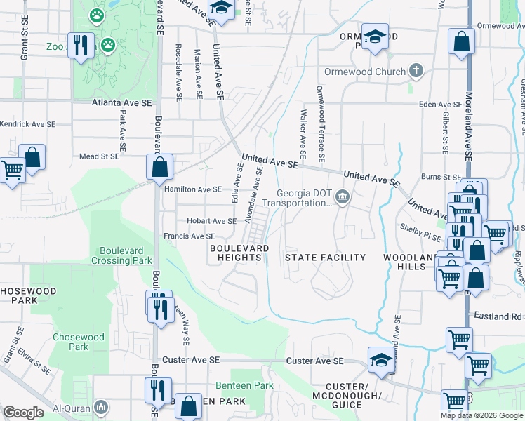 map of restaurants, bars, coffee shops, grocery stores, and more near 1144 Avondale Avenue Southeast in Atlanta
